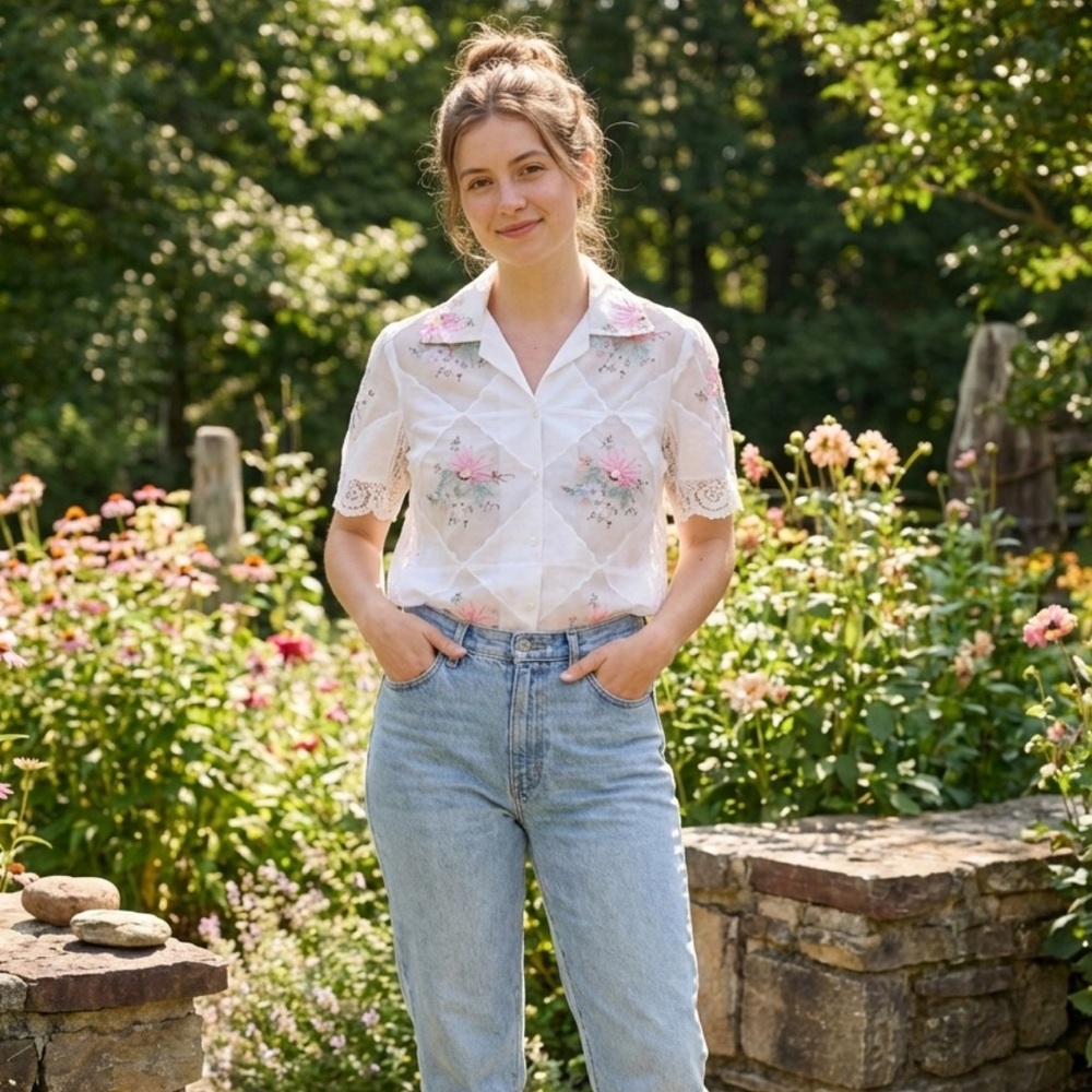 Vintage lace embroidered button up shirt